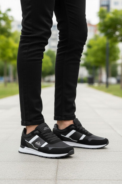 Siyah Beyaz Bağcıklı Cilt Erkek Spor Ayakkabı Optica M