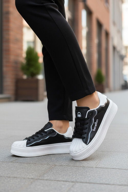 Siyah Beyaz Bağcıklı Unisex Spor Ayakkabı BNI-12152 G