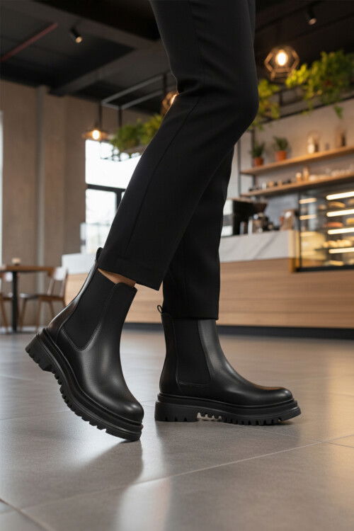 Siyah Cilt Kürklü Kolay Giyilebilir Kaymaz Kadın Chelsea Bot 473093 Z