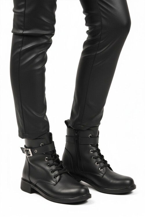 Siyah Cilt Kaymaz İçi Polarlı Fermuarlı Kadın Bot 209151 Z