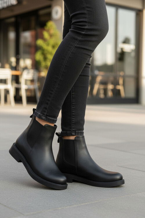 Siyah Cilt Polarlı Kolay Giyilebilir Kaymaz Kadın Chelsea Bot 284097 Z