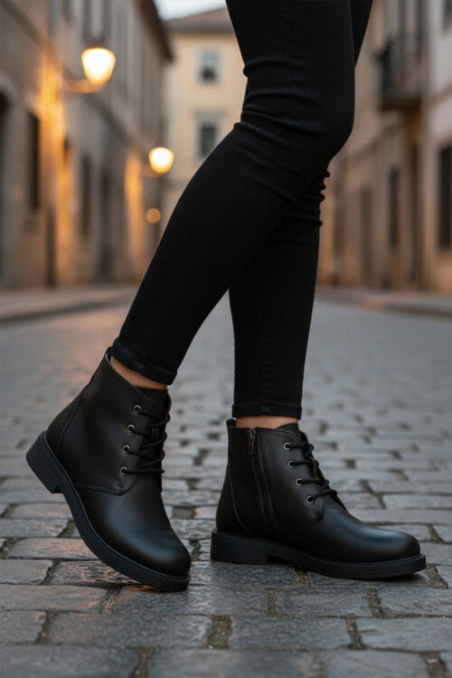 Siyah Bağcıklı Fermuarlı Kaymaz Kadın Bot 284098 Z