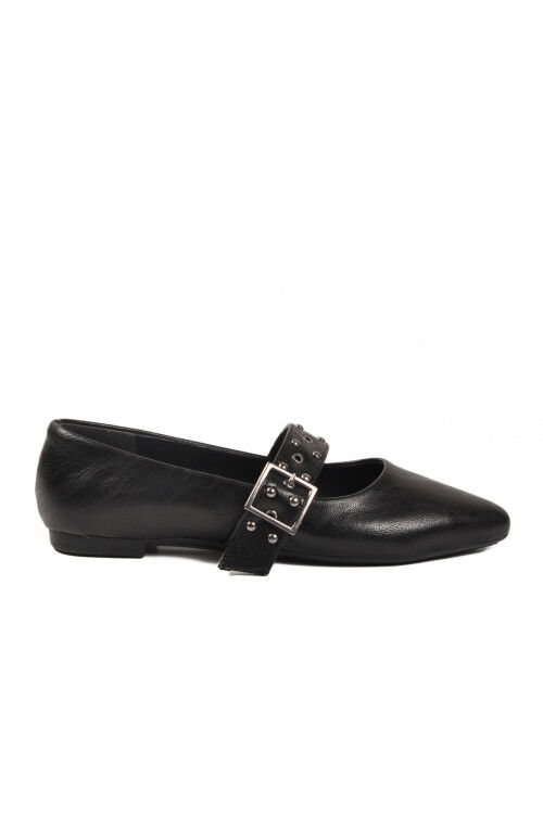 Black Skin Belted Lightweight Flexible Womens Ballerinas 209166 Z