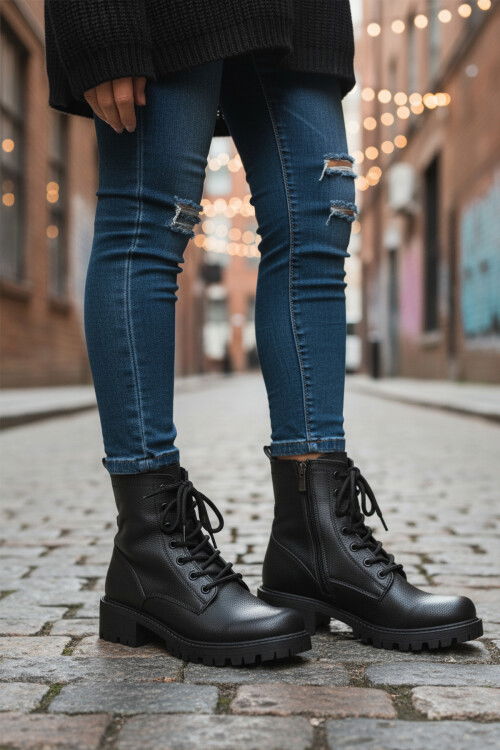 Black Floater Polar Fleece Non-Slip Sole Womens Boots 23008 Z