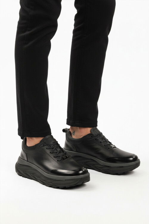 Black Genuine Leather Lace-Up Mens Sneakers 152-22390 M