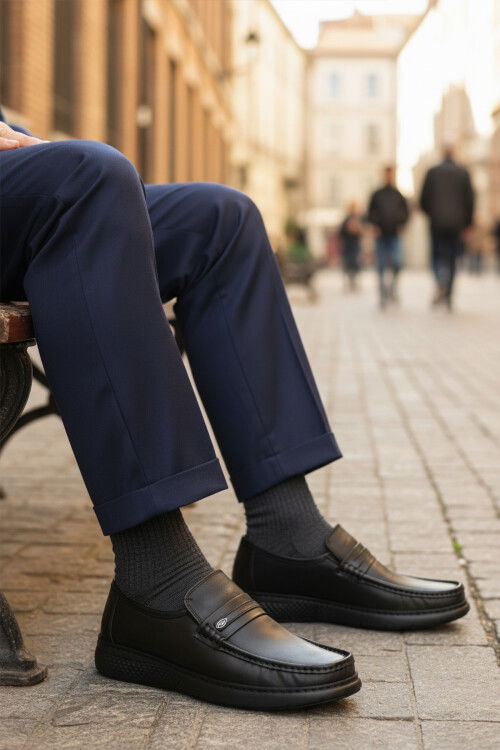 Black Genuine Leather Mens Casual Shoes DSN 2030 M