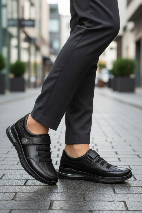 Black Velcro Genuine Leather Womens Casual Shoes 058-Ç Z