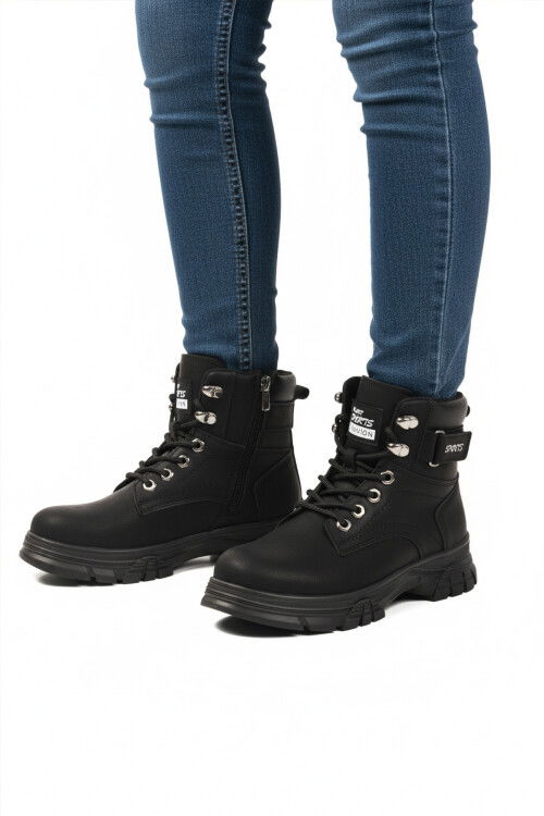 حذاء نسائي أسود من الصوف القطبي بسحاب ونعل مانع للانزلاق 24035 Z