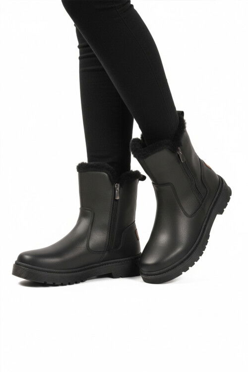Black Polar Fleece Zippered Non-Slip Sole Womens Boots 23003 Z