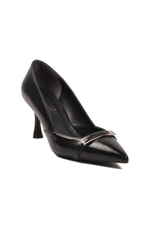Siyah Kırışık Kadın İnce Kısa Topuklu Ayakkabı 575040 Z