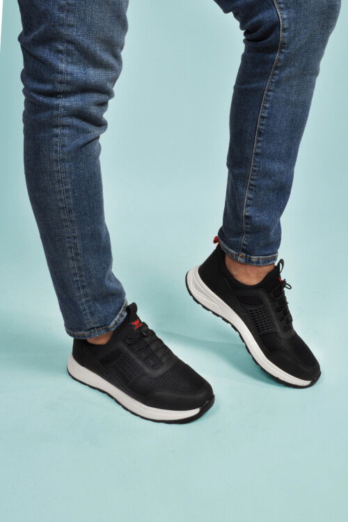 Siyah Kırmızı Hafif Esnek Kilit Bağcıklı Erkek Spor Ayakkabı Nans 6006 M