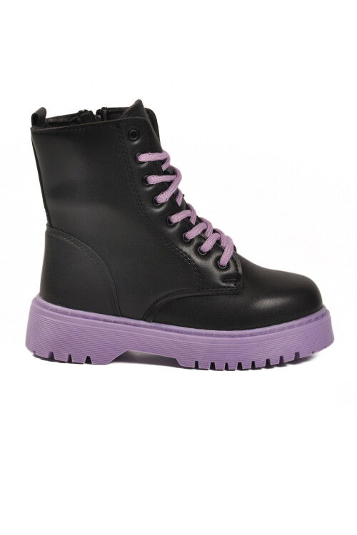 Black Purple Polar Fleece Lace-Up Zippered Non-Slip Girls Boots Dale 05 F