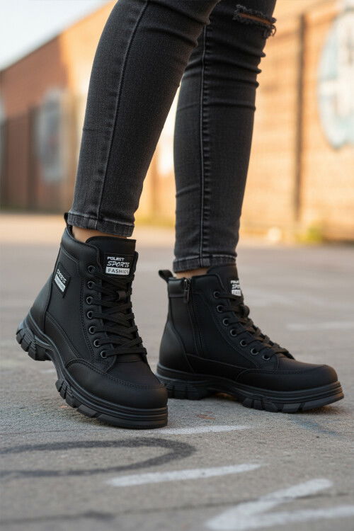 Black Nubuck Fur Lined Non-Slip Sole Zippered Lace-Up Womens Boots 24090 Z