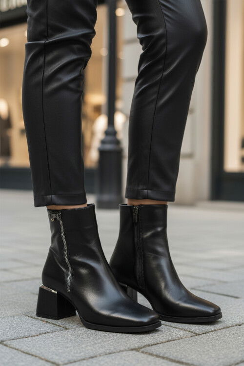 Black Shiny Polar Fleece Zippered High Heel Womens Boots PC-54000 Z