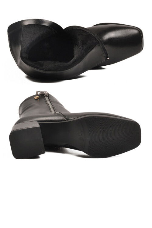 Black Shiny Polar Fleece Zippered High Heel Womens Boots PC-54000 Z