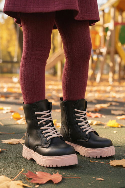 Black Powder Fleece Laced Zippered Non-Slip Girls Boots Dale 05 F