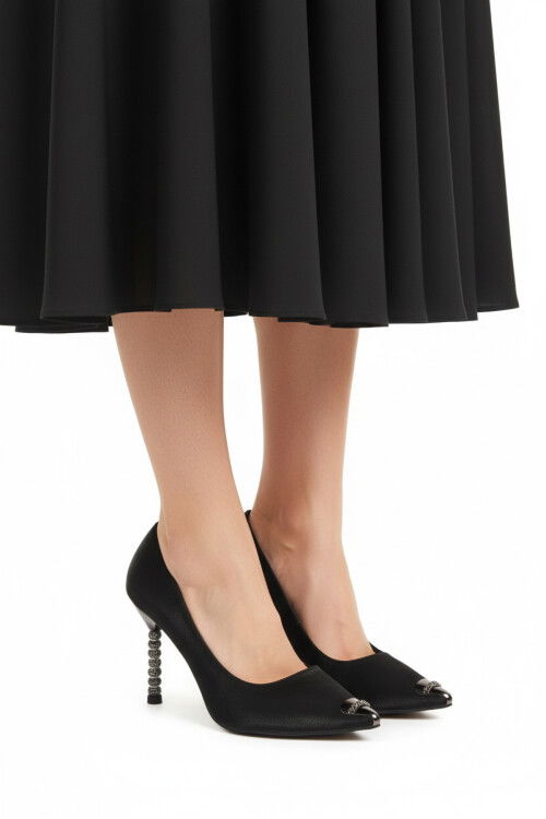 Black Satin Thin Stoned Heeled Womens Evening Shoes 357191 Z