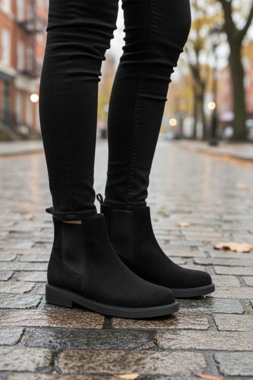 Siyah Süet Polarlı Kolay Giyilebilir Kaymaz Kadın Chelsea Bot 284097 Z