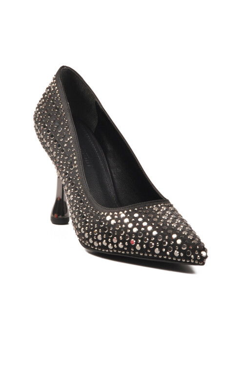 Black Stone Embroidered Thin Heeled Womens Evening Shoes PC-55020 Z