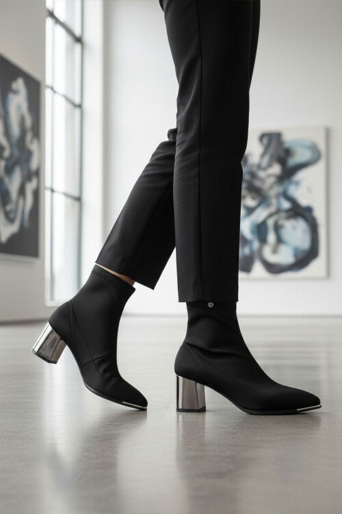 Black Stretch Ankle Boots with Light Pointed Toe Heels for Women PC-54967 Z