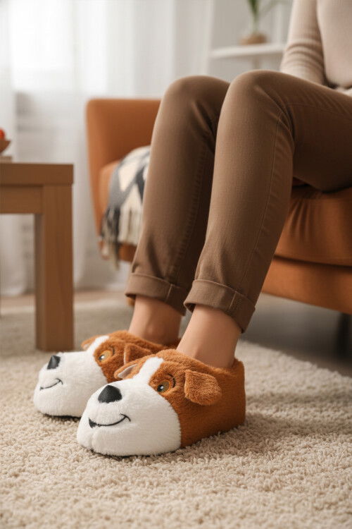 Açık Kahve Köpek Desenli Unisex Panduf 26K001