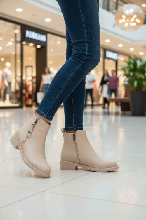 Bej Cilt Polarlı Kaymaz Taban Kadın Topuklu Bot 224581 Z