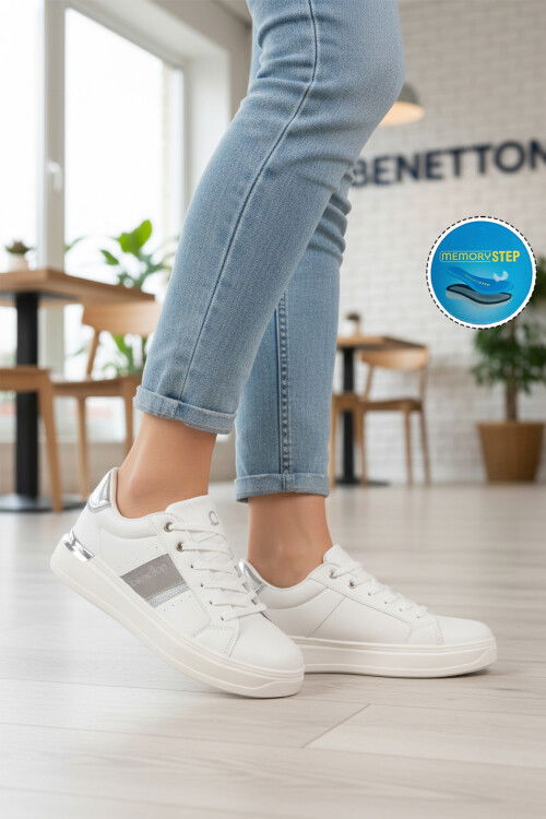 Bej Gümüş Bağcıklı Cilt Memory Foam Unisex Spor Ayakkabı BNI-12074 G