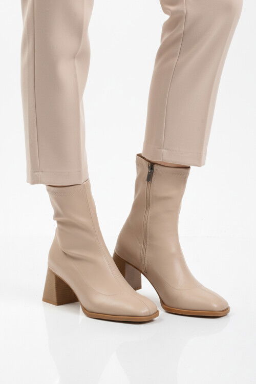 Bej Polarlı Fermuarlı Streç Kadın Topuklu Bot 2615 Z
