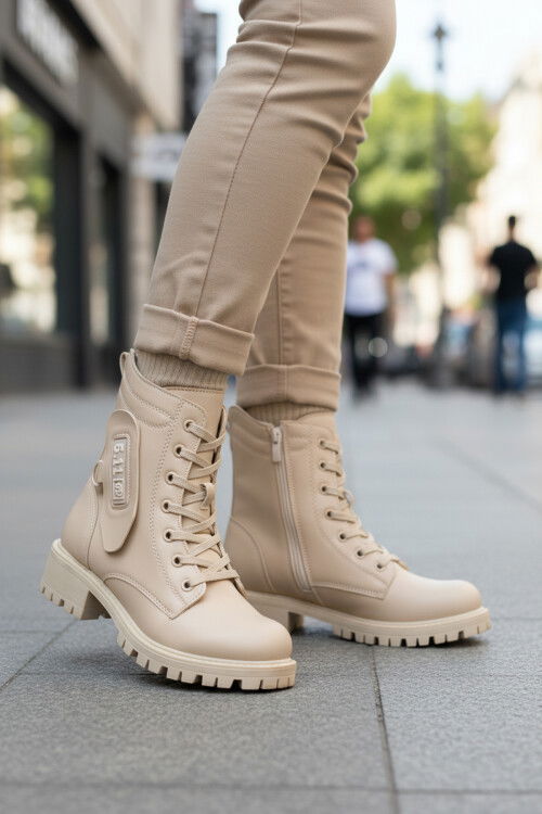 Bej İçi Polarlı Kaymaz Taban Fermuarlı Kadın Bot 24024 Z