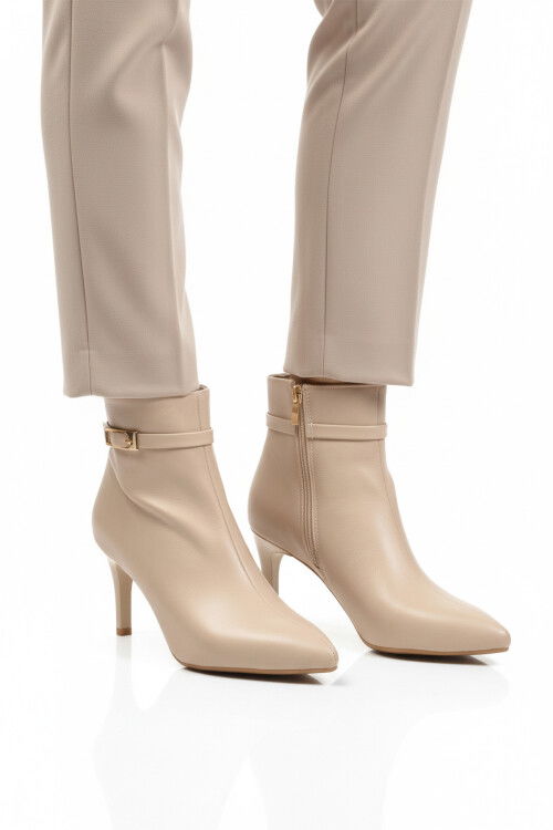 Bej İçi Polarlı İnce Topuklu Fermuarlı Kadın Bot 2611 Z