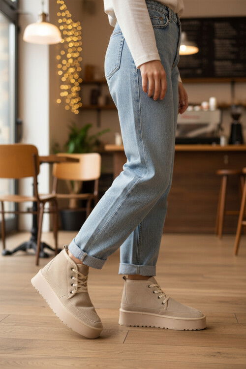 Bej İçi Kürklü Bağcıklı Kadın Bot U-15 Z