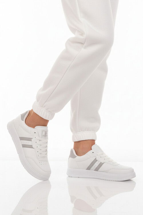 Beyaz Gri Bağcıklı Unisex Cilt Spor Ayakkabı 163 G