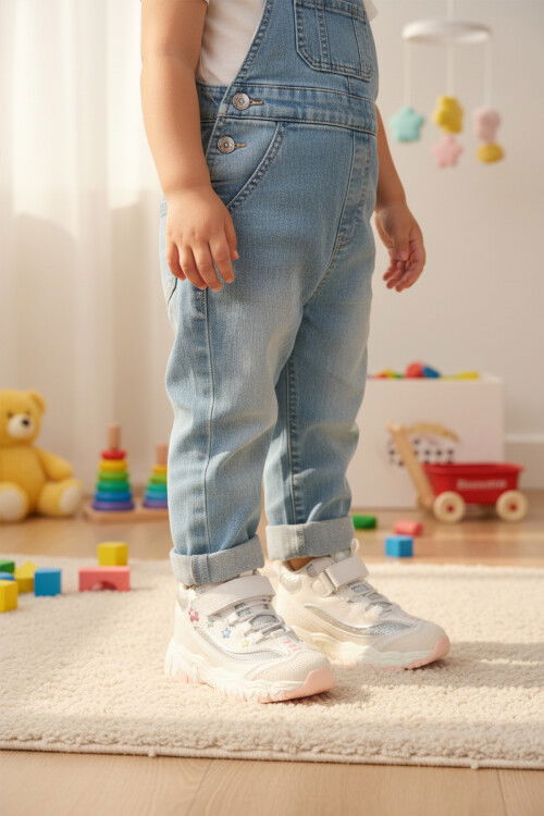 Beyaz Cırtlı Desenli Kaymaz Taban Kız Çocuk Spor Ayakkabı Bella Uzun P