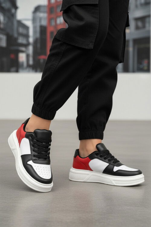 Beyaz Siyah Bağcıklı Cilt Hafif Unisex Sneaker Aper 049 G