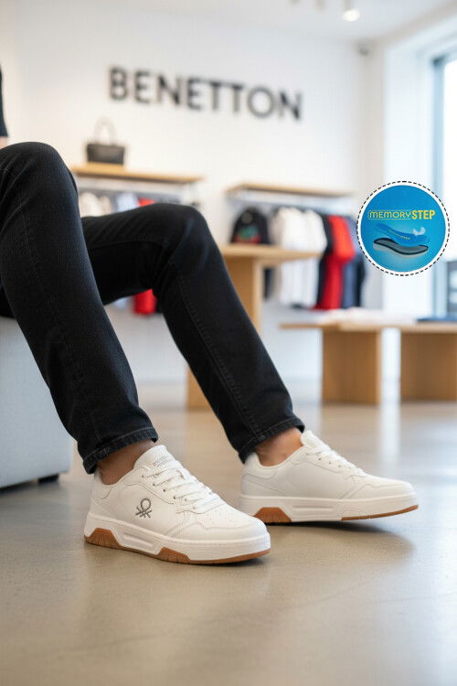 Beyaz Bağcıklı Cilt Memory Foam Erkek Spor Ayakkabı BNI-11219 M