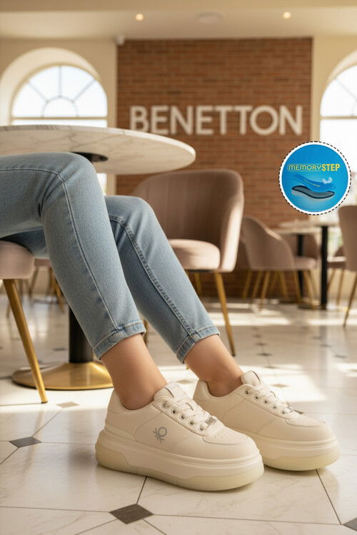 Beyaz Bağcıklı Cilt Memory Foam Kadın Spor Ayakkabı BNI-12046 G
