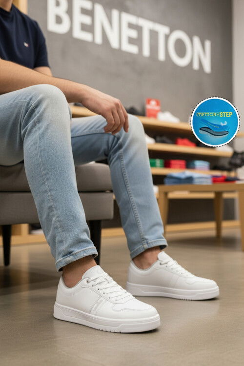 Beyaz Bağcıklı Cilt Memory Foam Erkek Spor Ayakkabı BNI-12083 M