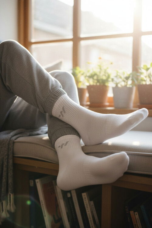 Beyaz Pamuklu Dikişli Erkek Uzun Çorap TNS-2181