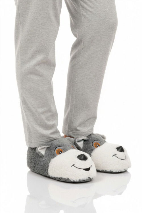 Gri Köpek Desenli Unisex Panduf 26K001