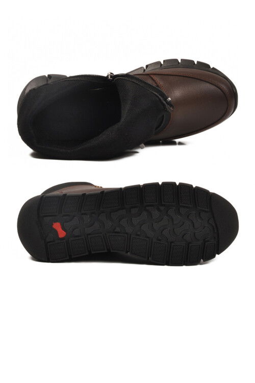 Kahve Hakiki Deri İçi Polarlı Kaymaz Fermuarlı Kadın Bot 3615 Z