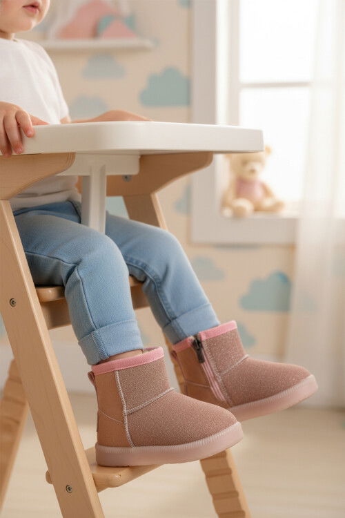 Pembe Simli İçi Kürklü Fermuarlı Bebek Bot 1212 B