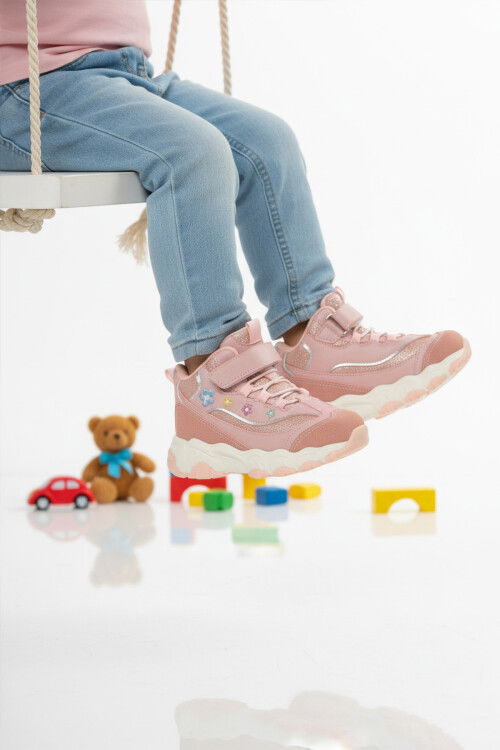 Pudra Cırtlı Desenli Kaymaz Taban Kız Çocuk Spor Ayakkabı Bella Uzun P