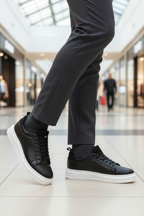 Siyah Beyaz Bağcıklı Cilt Hafif Esnek Erkek Sneaker 179 M