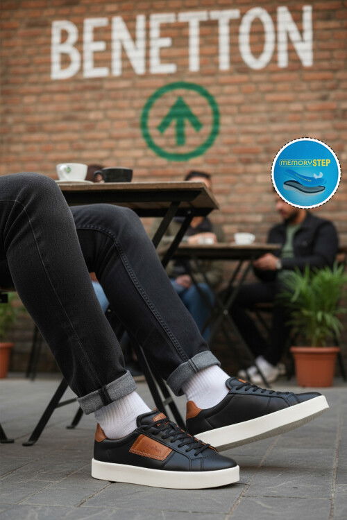 Siyah Beyaz Bağcıklı Cilt Erkek Spor Ayakkabı BNI-12113 M