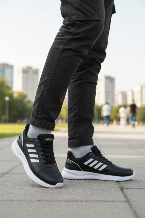 Siyah Beyaz Bağcıklı Hafif Esnek Erkek Spor Ayakkabı Nereus M