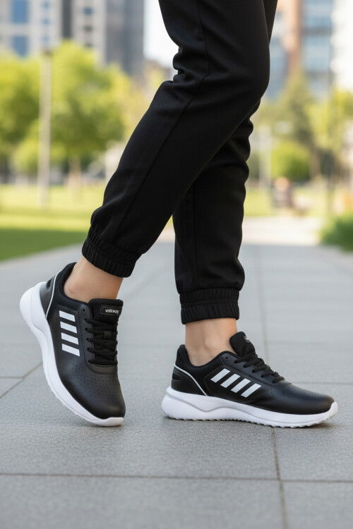 Siyah Beyaz Bağcıklı Hafif Esnek Unisex Spor Ayakkabı Nereus G