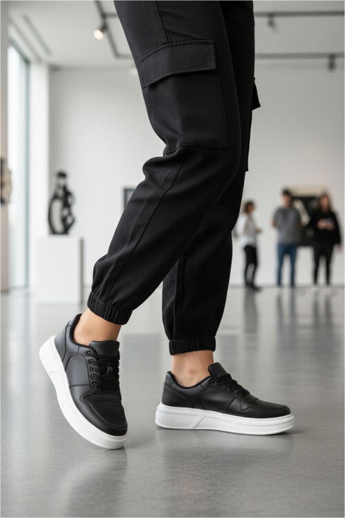 Siyah Beyaz Bağcıklı Cilt Hafif Unisex Sneaker Aper 049 G