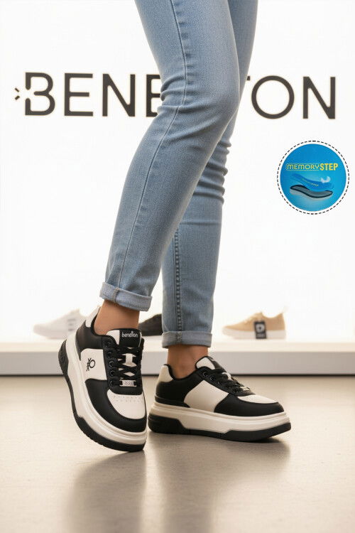 Siyah Beyaz Bağcıklı Cilt Memory Foam Kadın Spor Ayakkabı BNI-12046 G