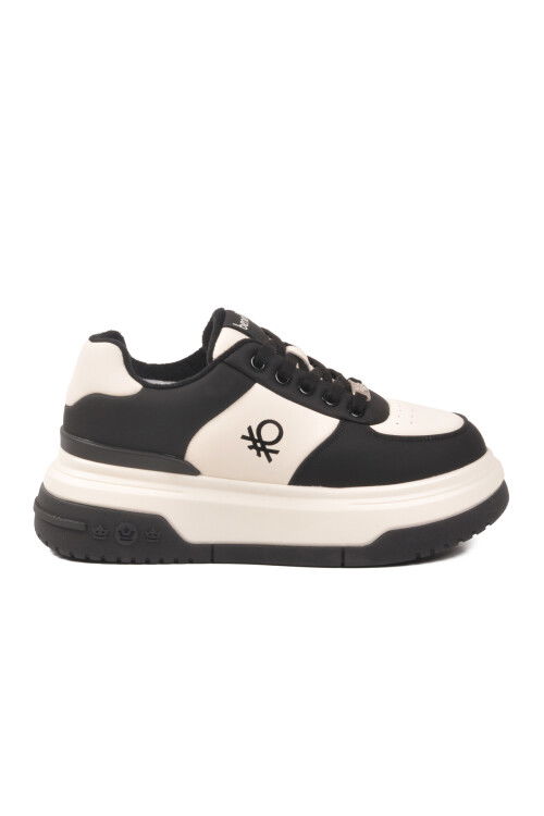 Siyah Beyaz Bağcıklı Cilt Memory Foam Kadın Spor Ayakkabı BNI-12046 G