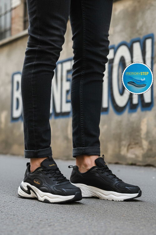 Siyah Beyaz Bağcıklı Cilt Memory Foam Erkek Spor Ayakkabı BNI-12086 M